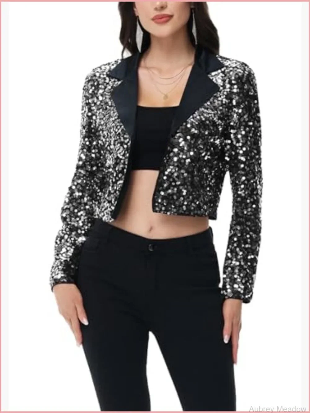 Cropped Sequin Blazer Long Sleeve Satin Lapel Party Club Cardigan